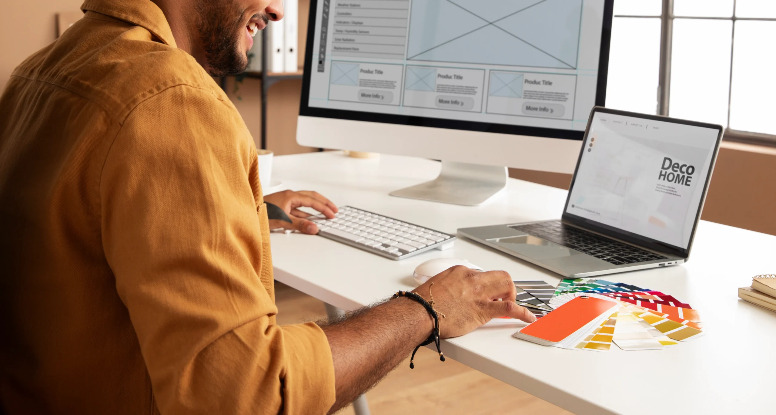 Designer selecting color swatches at desk with website wireframe on screen, representing Web Designing Services