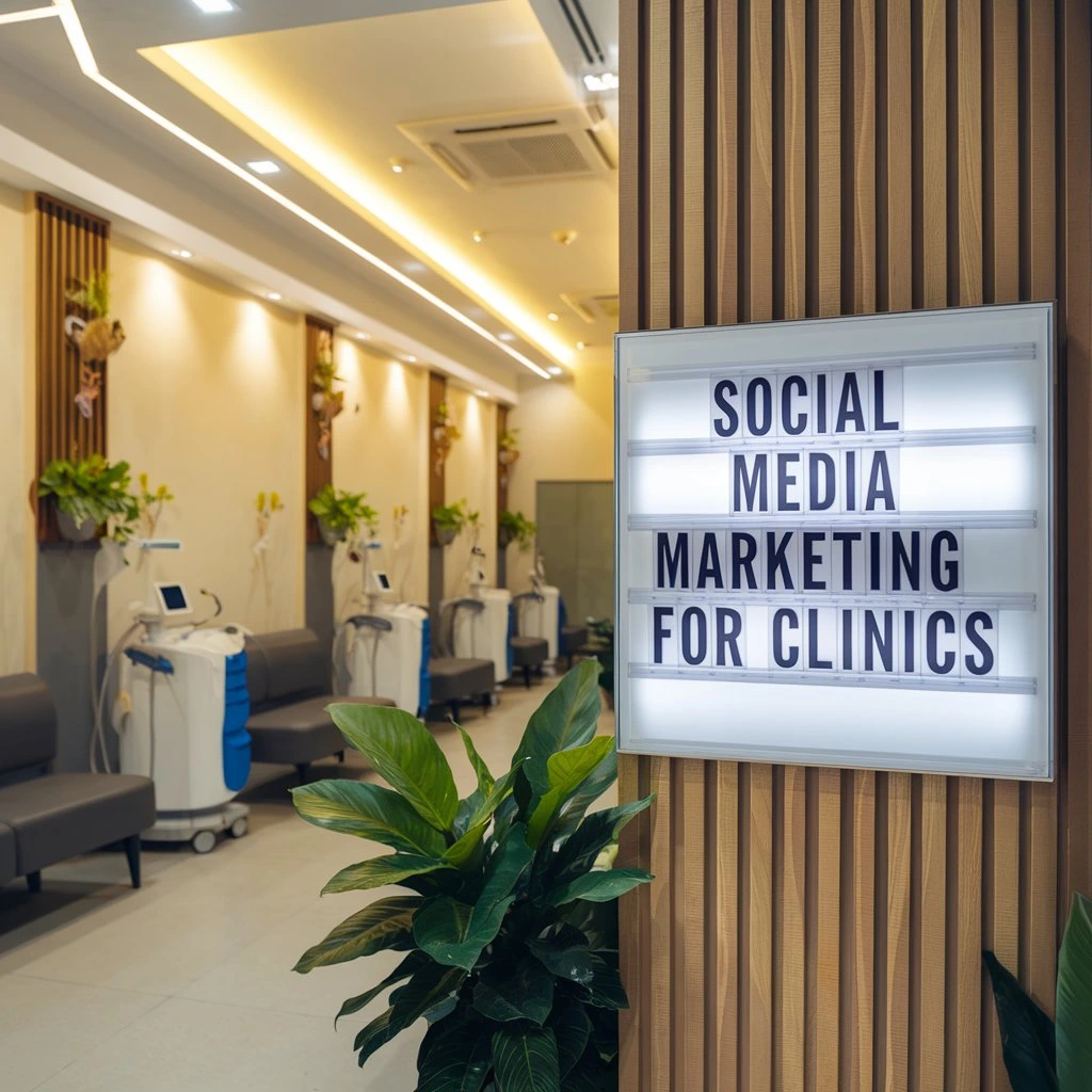 Modern clinic interior in Hyderabad with a signboard displaying 'Social Media Marketing for Clinics,' promoting targeted healthcare marketing strategies